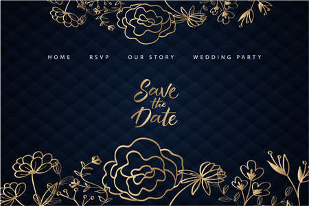 Golden elegant wedding landing page template with blue upholstery background.  &#xA;のイラスト素材