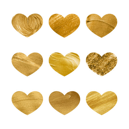 Set of golden hearts shining brush strokes.Romantic decorative icons for valentine or wedding glittering card.Vector illustation.のイラスト素材