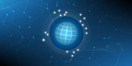 Digital blue technology background with globe and wave line world connection concept.Vector...