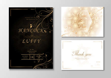 Luxury wedding invitation card template. Elegant of black, white and gold background floral design with geometric shape. Vector illustration.Eps10のイラスト素材