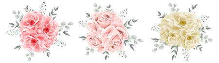 Beautiful rose bouquet watercolor set design element isolated on white background.Vector illustration.Eps10のイラスト素材