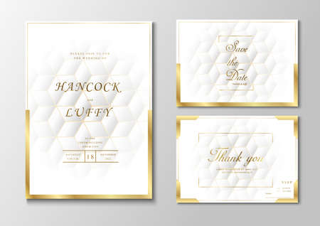 Elegant premium white wedding invitation card template. Geometric design luxury background with golden frame &#xA;のイラスト素材