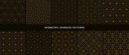 Set of geometric seamless pattern floral design. Luxury with shiny gold lines on dark backgroundのイラスト素材
