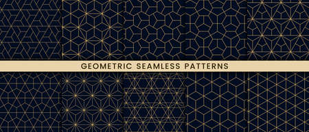 Set of geometric seamless pattern polygonal shape. Luxury with gold lines on dark navy backgroundのイラスト素材