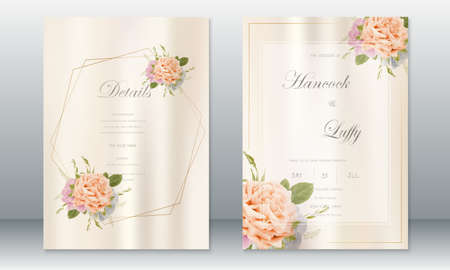 Wedding invitation card template luxury design with golden frame and rose bouquetのイラスト素材