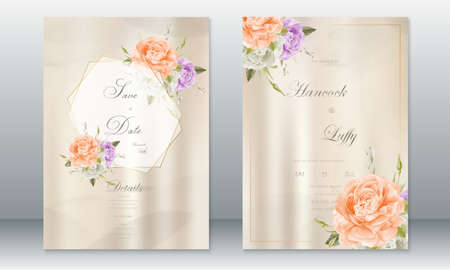 Wedding invitation card template luxury design with golden frame and rose bouquetのイラスト素材