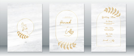 Wedding invitation card luxury design template with gold frame and white marble background&#xD;&#xA;のイラスト素材