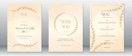 Golden wedding invitation card template luxury design with gold leaf wreath frame and watercolor backgroundのイラスト素材