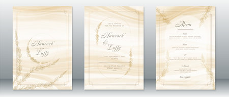 Luxury wedding invitation card template golden design with nature leaf wreath and watercolor backgroundのイラスト素材