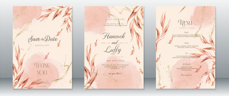 Wedding invitation card template elegant of pink nature leaf design with gold texture and watercolor backgroundのイラスト素材