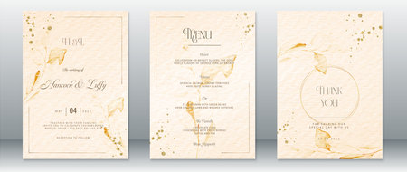 Luxury wedding invitation card template gold design with nature leaf and watercolor backgroundのイラスト素材