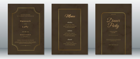 Elegant wedding invitation card set in brown and gold tones. Includes main invite, dinner party card, and wedding menu. Perfect for luxury weddings, formal events, and classic themed designs.のイラスト素材