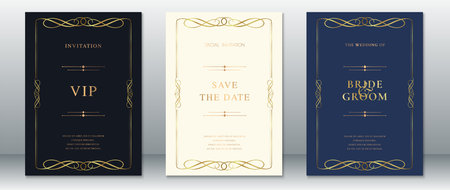 Elegant wedding invitation set with golden swirl borders and classic typography, including VIP, Save the Date, and Bride & Groom cards. Designed with navy blue, cream, and midnight black backgrounds for luxurious events and formal occasions.のイラスト素材