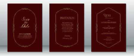 Sophisticated wedding invitation set in deep burgundy and gold with ornate frame lines and classic serif typography. Includes Save the Date, main invitation, and menu card layouts. Perfect for romantic, formal, or vintage-themed weddings.のイラスト素材