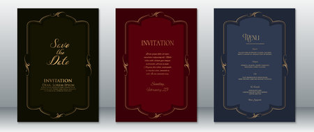 Elegant set of wedding invitation and menu cards featuring golden decorative frames on dark black, burgundy, and navy blue backgrounds. Perfect for formal, luxury, and classic wedding themes.のイラスト素材