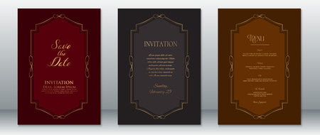 Elegant wedding invitation and menu card design set with golden vintage frames on rich burgundy, dark gray, and brown backgrounds. Perfect for luxury, formal, and classic wedding themes.のイラスト素材