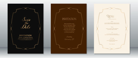 Stylish wedding invitation and menu card set in vintage design, featuring golden ornamental borders on black, brown, and cream backgrounds. Ideal for luxury weddings, formal events, and elegant celebrations.のイラスト素材