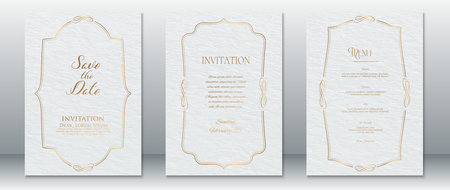 A set of elegant wedding invitation templates in white and gold, featuring vintage-inspired ornate frames and paper texture. Includes Save the Date, Invitation, and Wedding Menu designs. Ideal for formal, luxury weddings and print-ready with editable text.のイラスト素材