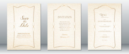 Elegant wedding invitation set in soft beige with thin golden vintage-style frames. Includes Save the Date, Invitation, and Menu templates. Perfect for classic wedding themes, formal stationery, and printable vintage-style cards.のイラスト素材