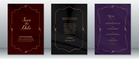 Luxurious wedding invitation set featuring Save the Date, Invitation, and Menu designs with elegant gold frames on deep burgundy, black, and royal purple backgrounds. Ideal for formal weddings, evening events, and modern vintage themes.のイラスト素材