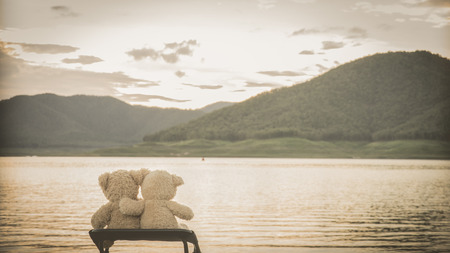 teddybears relaxing overlooking lake and mountainsの写真素材