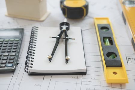 Architecture, engineering plans and drawing equipment for a new buildingの写真素材