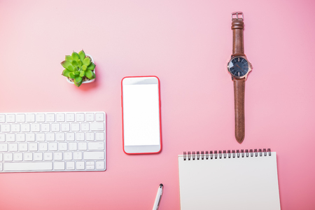 Looking for direction and inspiration, Creative flat lay of workspace desk, office stationery and lifestyle objects on pink background with copy spaceの写真素材