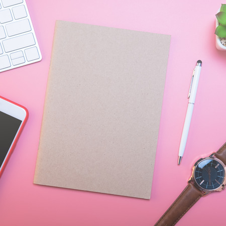 Looking for direction and inspiration, Creative flat lay of workspace desk, office stationery and lifestyle objects on pink background with copy spaceの写真素材