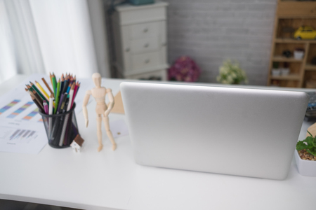 Looking for direction and inspiration, Business working at an office, Office desk table with computer, Copy space for text, Top viewの写真素材