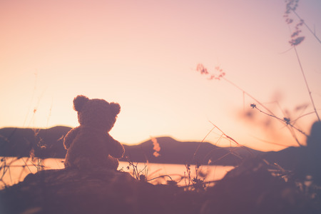 The silhouette of teddy bear sitting alone, concept of lonelyの写真素材