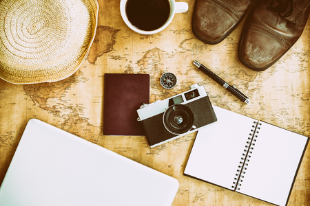 Creative flatlay with fashion object on map backgroundの写真素材