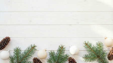 Clean Scandinavian-style Christmas background featuring white wooden planks decorated with natural pine branches, pine cones, and matte white ornaments. Soft lighting creates a calm and minimal festive atmosphere. Ideal for holiday greetings, product display mockups, seasonal marketing, and minimalist Christmas designs.の素材