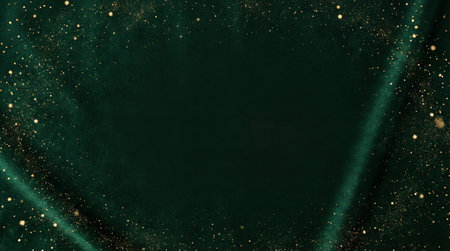 A luxurious dark green background decorated with soft shimmering golden dust and elegant light textures around the edges. The smooth center area provides generous copy space, making it ideal for holiday greetings, invitations, festive promotions, banners, and premium branding materials. The combination of deep green tones and golden sparkles creates a sophisticated and modern seasonal atmosphere.の素材