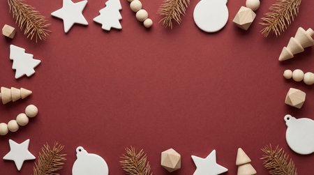 Rustic red Christmas background decorated with wooden ornaments, dried pine branches, beads, and minimal holiday shapes arranged around the edges. The center area is blank for adding text, making it suitable for minimalist holiday cards, seasonal invitations, posters, and winter-themed designs.の素材