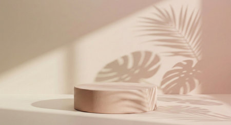 A minimal pink podium illuminated by soft natural sunlight, casting elegant tropical leaf shadows on the wall. Perfect for cosmetic product display, branding design, and modern aesthetic presentations.の素材