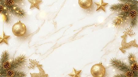 Elegant luxury Christmas background featuring gold ornaments, stars, reindeer figures, pine branches, and soft festive lights arranged around a white marble texture. Perfect for premium holiday greeting cards, invitations, seasonal promotions, product displays, and decorative designs.の素材