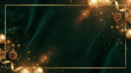 A luxurious dark green velvet background framed with elegant gold borders and decorated with golden ornaments, pinecones, and sparkling light particles. The rich texture and warm festive glow create a premium holiday atmosphere, while the spacious center area provides ideal copy space for Christmas cards, invitations, promotions, and seasonal designs.の素材