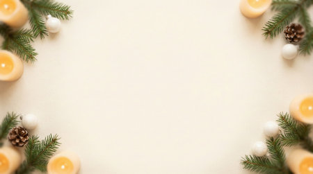 Warm beige Christmas background decorated with soft candles, green pine branches, pinecones, and white ornaments arranged around the edges. The center area is intentionally blank for adding text, making it ideal for holiday cards, minimal designs, seasonal invitations, and warm winter-themed layouts.の素材