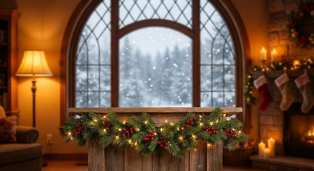 Christmas background with fireplace and christmas tree. Winter holiday concept.の素材