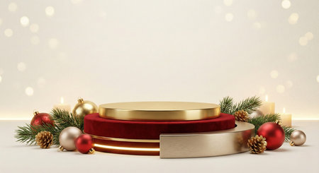 Podium, pedestal or platform for product presentation with Christmas decorations. 3D renderingの素材