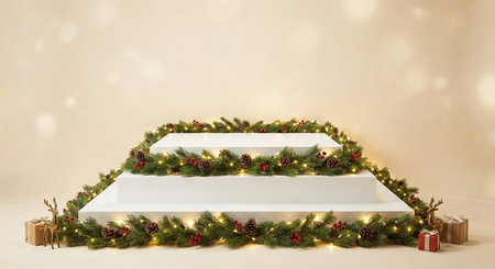 Christmas decoration on the white podium with fir branches and gift boxes.の素材
