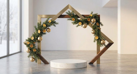 3d render of christmas decorations in modern interior with wooden archの素材