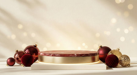 3D render of Christmas podium with baubles on white backgroundの素材
