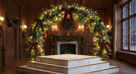 3D rendering of a Christmas interior with a fireplace and a christmas wreathの素材