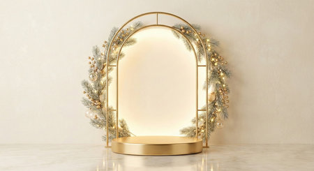 Golden podium with christmas wreath on white background. 3D renderingの素材