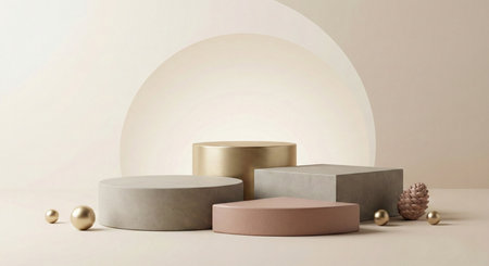 3d render of abstract minimal geometric forms. Glossy podium for product display.の素材