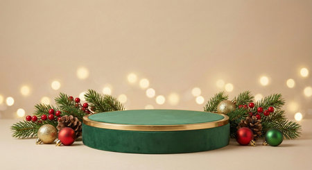 Green podium with Christmas decorations on beige background. 3d renderの素材