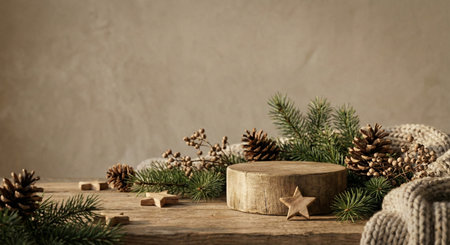 Wooden podium and christmas decoration on rustic background with copy spaceの素材
