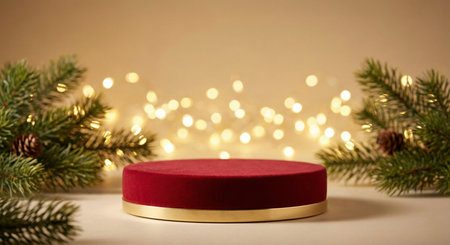 Red round podium with bokeh lights and fir branches on the backgroundの素材