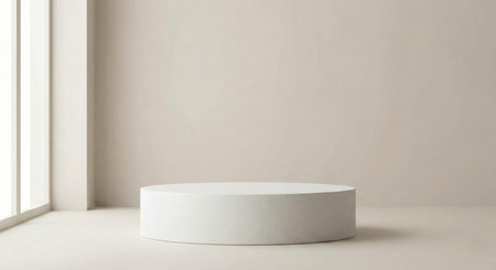 A white cylindrical display podium positioned against a minimalist beige wall, subtly lit by natural light streaming through a tall window on the left.の素材